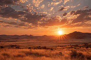 Sunset over African savanna golden g, a Photo by Pixeness Studio