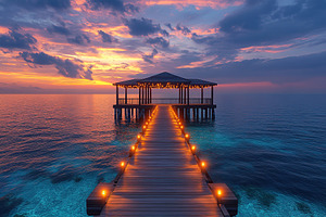 Modern illuminated wooden pier with sea and clean sky view, an Architecture Photo by AlyaAnd