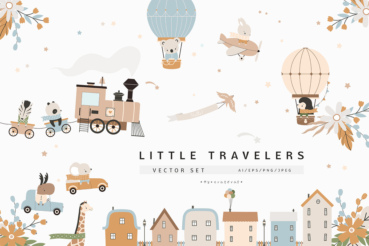 LITTLE TRAVELERS vector set, an Animal Illustration by erasovas (Photo 1 of 19)
