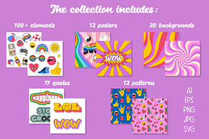 The 90s. Cliparts, Cards, Patterns