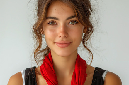 A young woman with long brown hair and a vibrant red scarf holds a book, exudin, a Person Photo by ImageMir