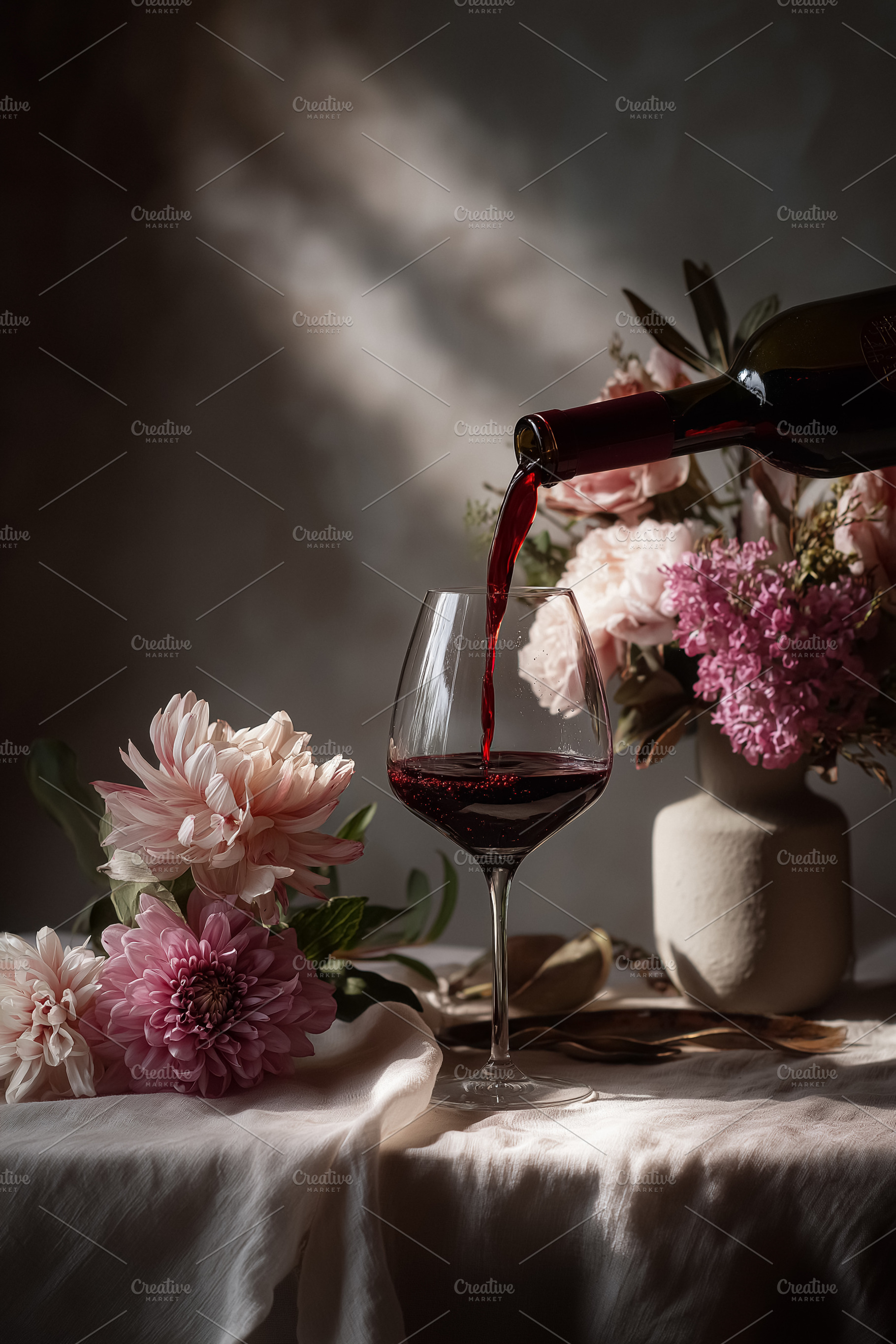 Pouring red wine into a glass on a table with beautiful pink and purple flowers, a Food & Drink Photo by Studio ANNA