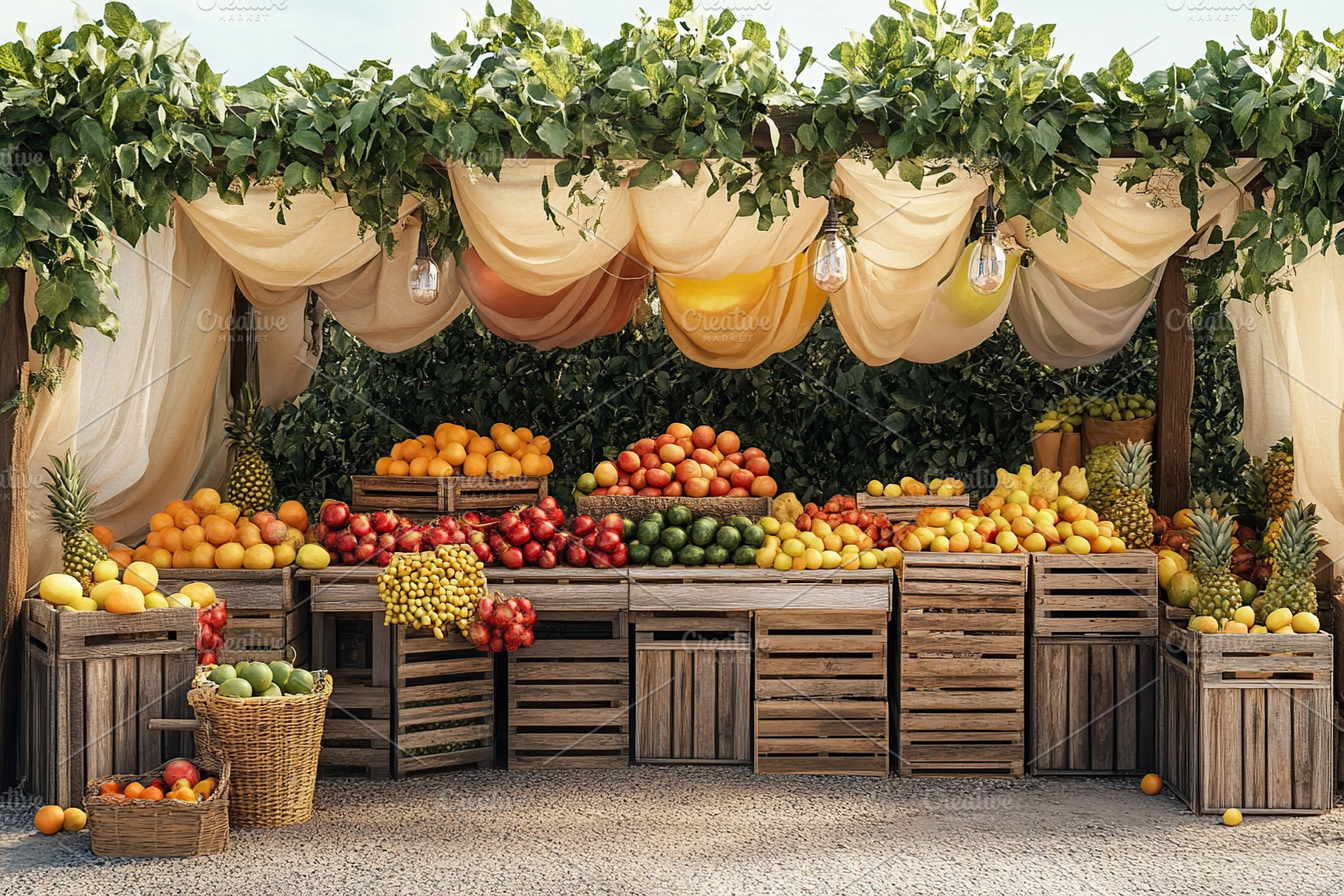 Vibrant summer market featuring wooden crates filled with fresh fruits and vege, a Food & Drink Photo by AlyaAnd