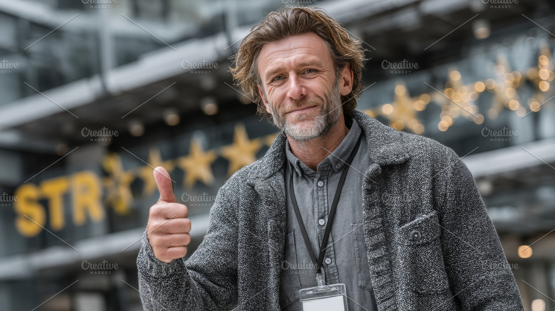 Confident man giving thumbs up gesture standing outdoors near modern building, a Photo by AS photostudio