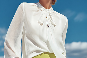 Stylish woman wearing fashionable sunglasses, white blouse, and, a Photo by Studio ANNA