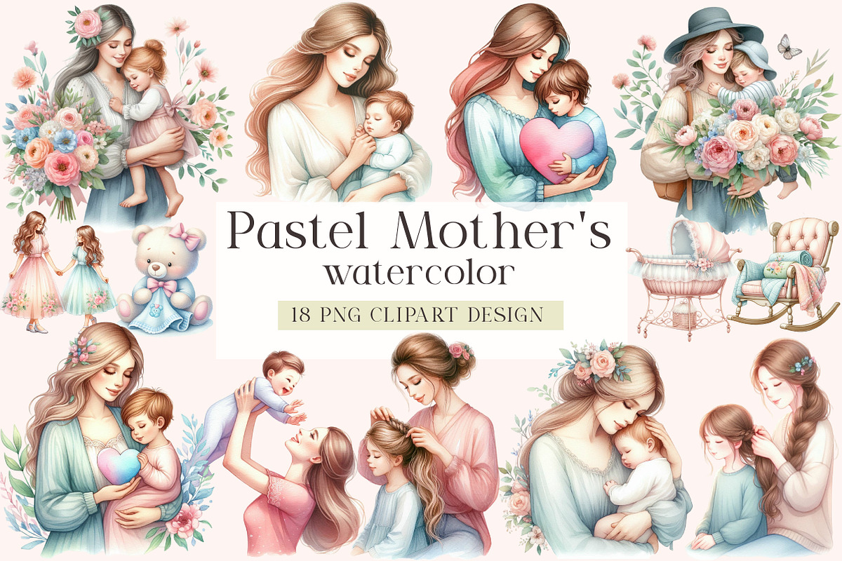 Pastel Mother's & Child Clipart, an Illustration by DreamArtGraphic (Photo 1 of 4)