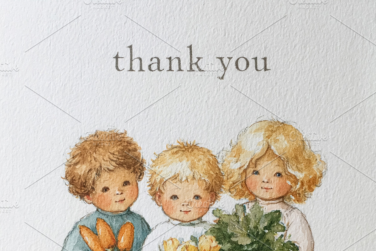 Three children creating a thank you gesture with carrots and yellow flowers, wa, an Illustration by Studio ANNA