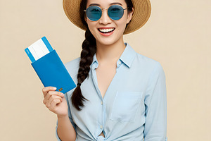 Happy Asian Woman Holding Passport a, a Transportation Photo by Stock Shape