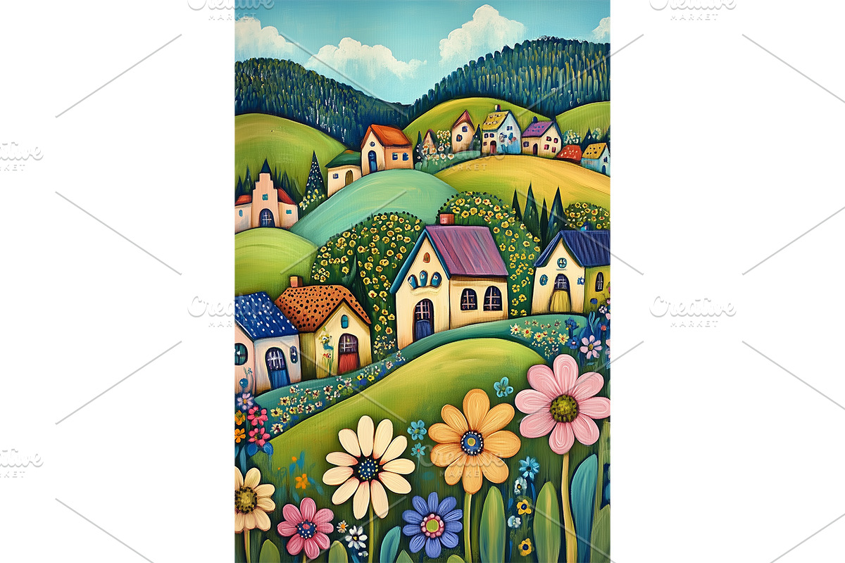 Peaceful Cottages and Hills Poster, a Decorative Illustration by Art Paradise Studios