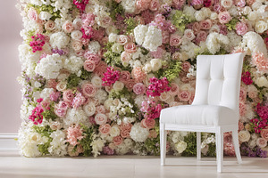 White tufted chair standing against a floral wall, creating a ro, a Photo by Studio ANNA