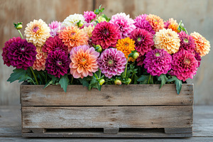 Colorful Dahlia Blooms in Rustic Woo, a Photo by Pixeness Studio