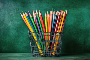 Wooden colorful rainbow pencils in bucket on wooden table, a School & Education Photo by AlyaAnd
