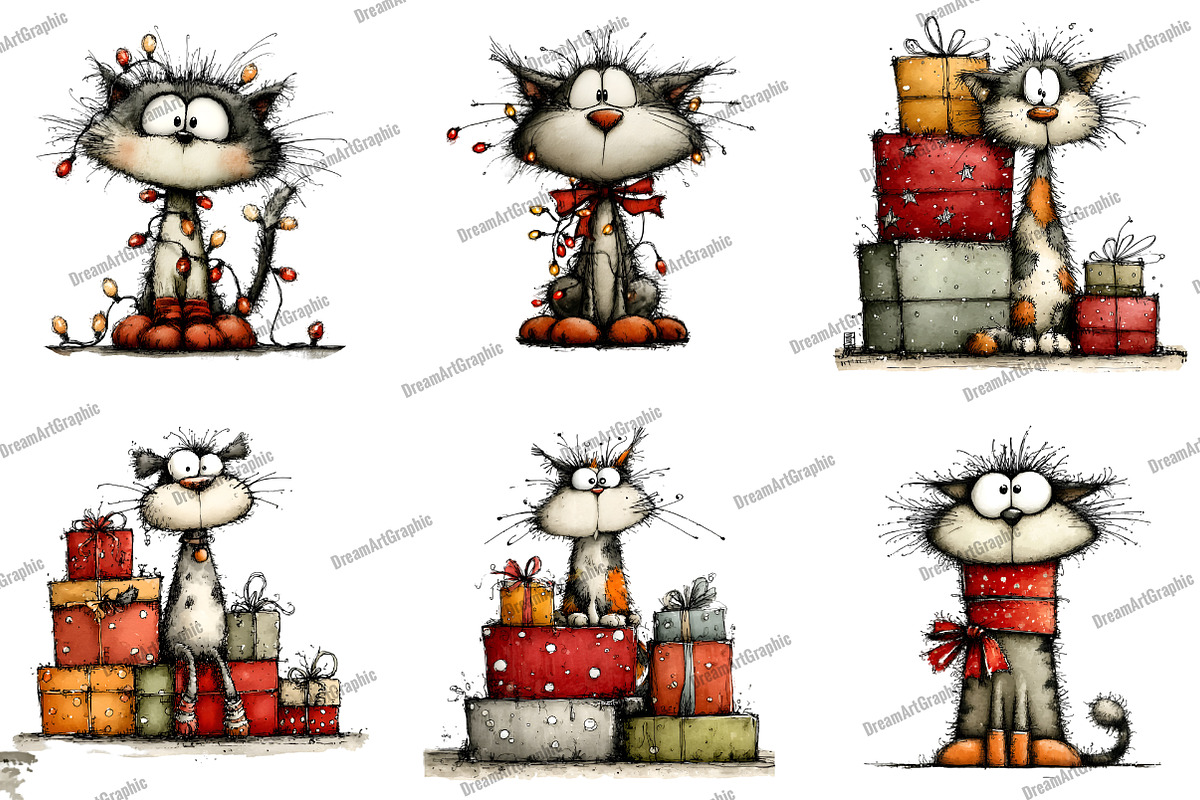 Whimsical Christmas Cats Clipart, an Illustration by DreamArtGraphic (Photo 5 of 5)