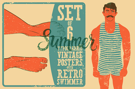 Vintage swimmer vector poster set.