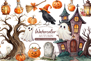 Watercolor Fall Cottage Clipart