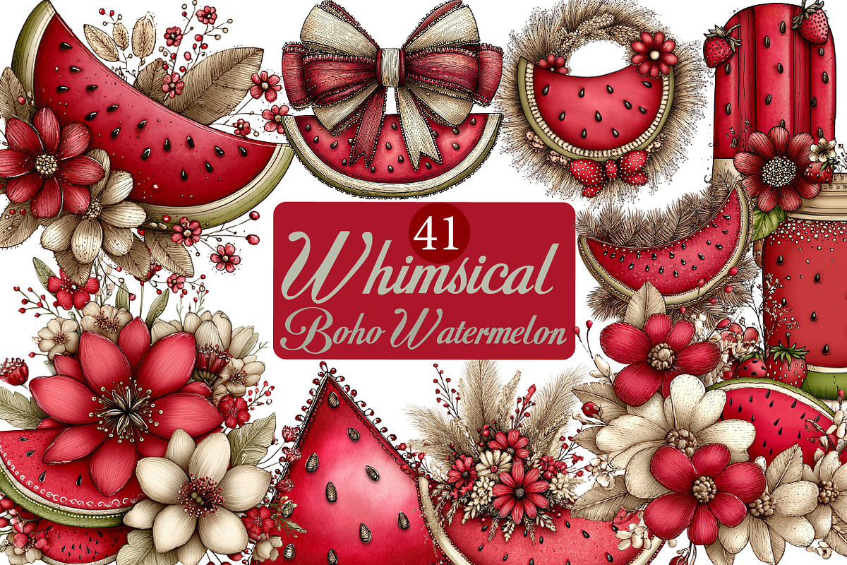 Whimsical Boho Watermelon Clipart, an Illustration by DreamArtGraphic (Photo 1 of 8)