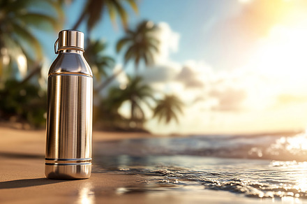 Reflective water bottle by the shore, a Business Photo by Beautiful things