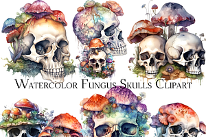 Watercolor Fungus Skulls Clipart