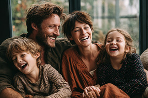 Happy family laughing together joyfu, a Photo by Pixeness Studio