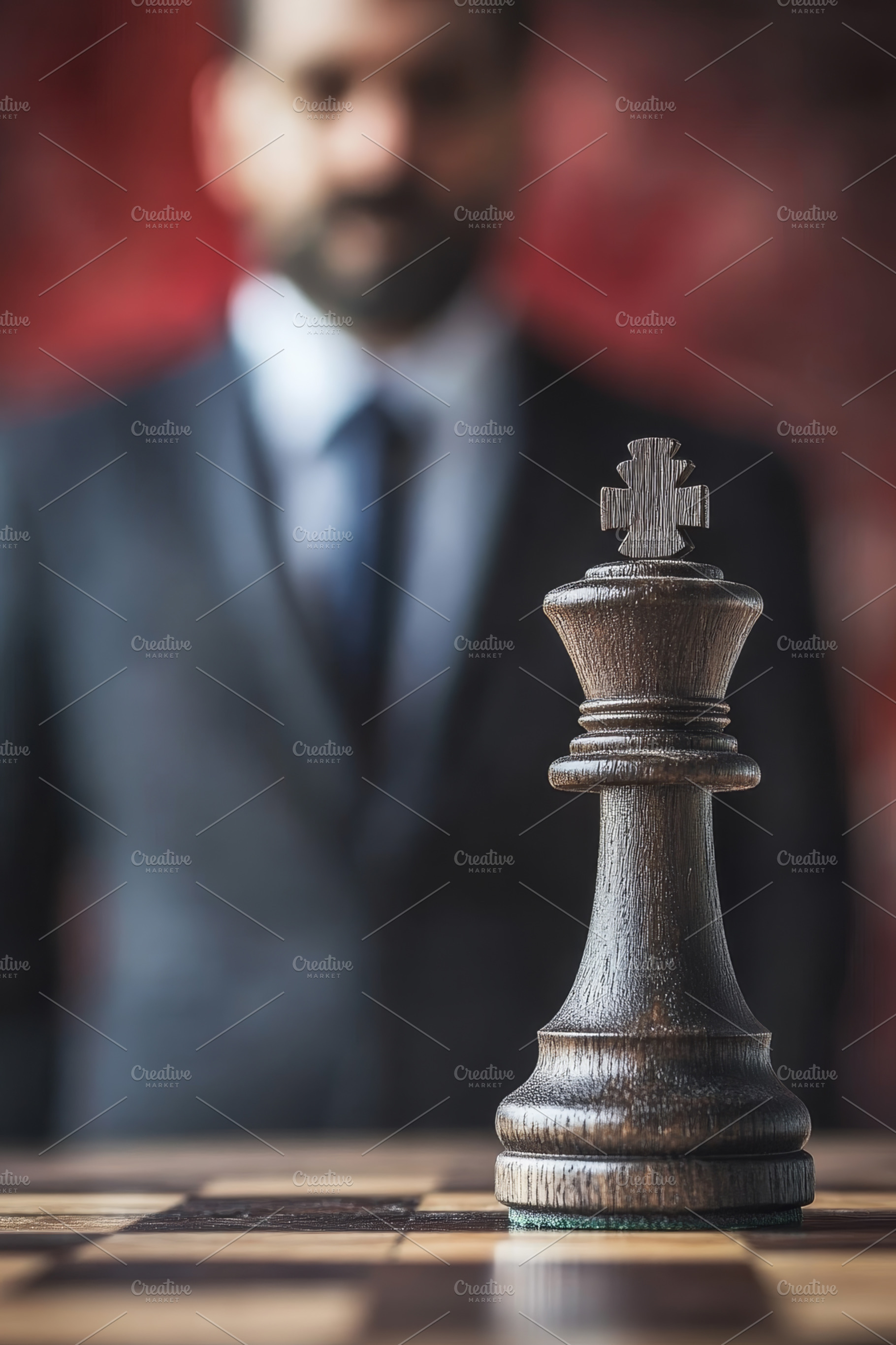Chess King Piece with Blurred Businessman in Background, an Abstract Photo by Natalia Klenova's Shop