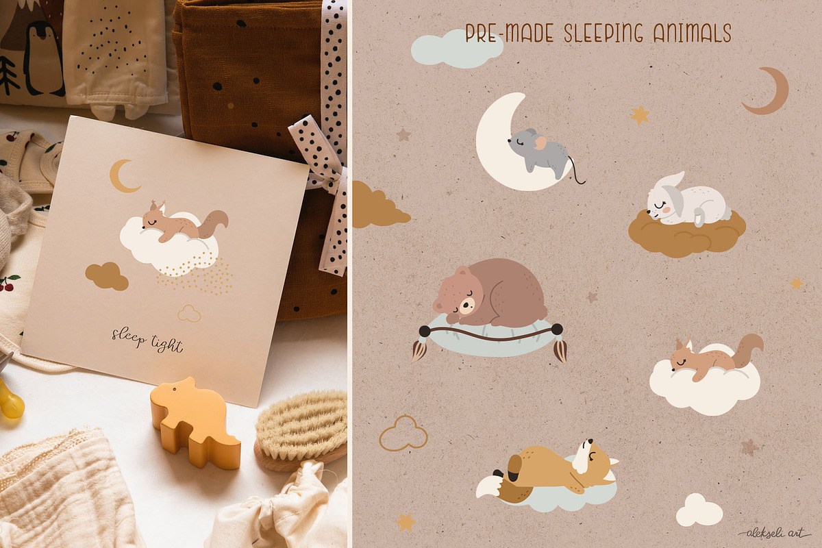 Sleeping Baby Animals Collection, an Animal Illustration by AlekseliArt (Photo 5 of 12)
