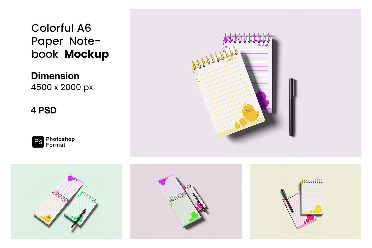 Colorful A6 Paper Notebook Mockup, a Books & Magazine Mockup by ianmikraz (Photo 1 of 5)