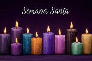 Semana Santa candles burning in colorful row on dark background, a Person Photo by José Manuel Gelpi