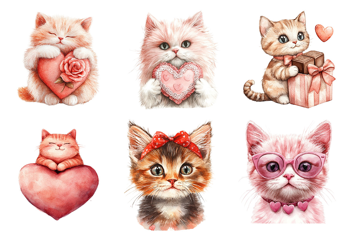 Watercolor Valentine Cats Clipart, an Illustration by Dream Creation (Photo 7 of 7)