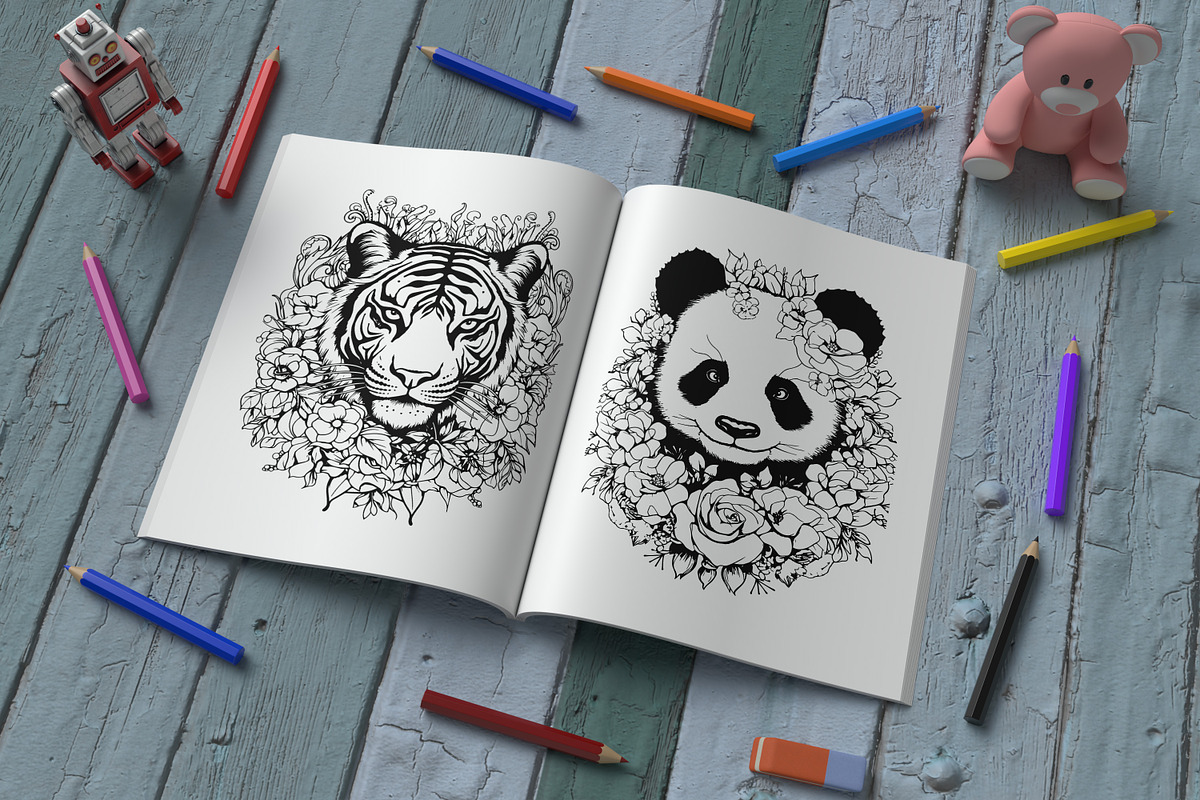 Coloring Page Kids Animals & Flower, an Animal Illustration by ...