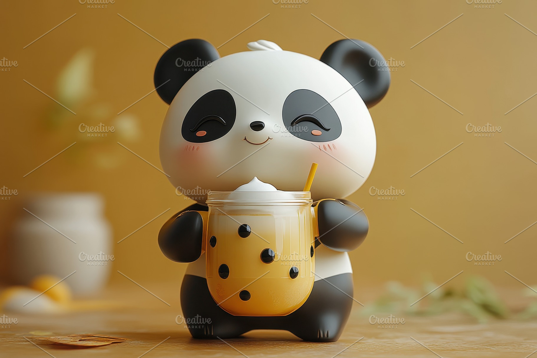 Cute panda figure holding a drink de, a Photo by Tanuart