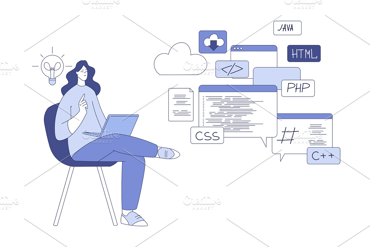 Woman Sitting with Laptop Computer, a Person Illustration by TopVectors
