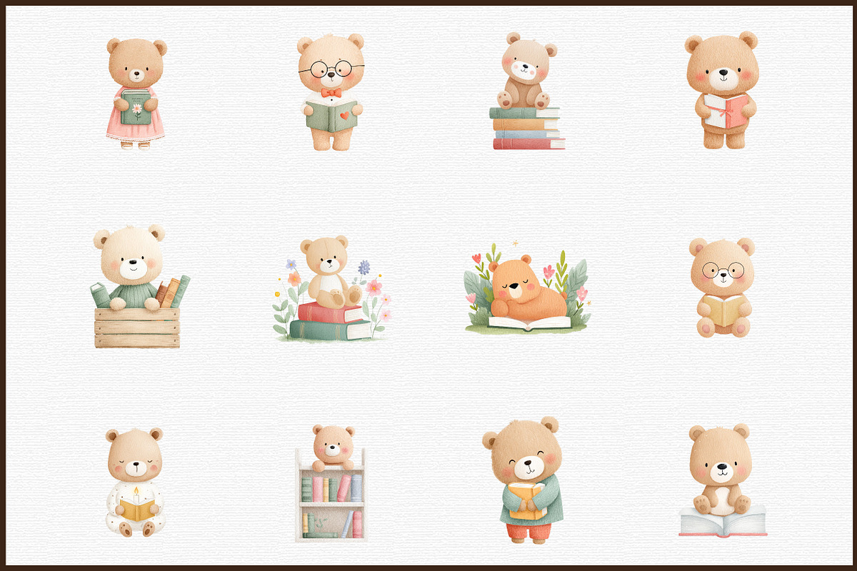 Cute Teddy and Vintage Books Clipart, an Illustration by Sublimation Artist (Photo 3 of 6)