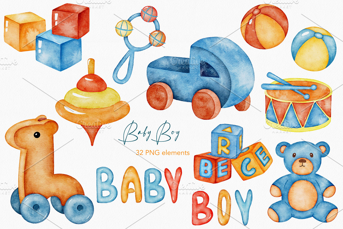 Baby Boy Toys watercolor clipart, a Decorative Illustration by LuiDesignStudio (Photo 4 of 5)