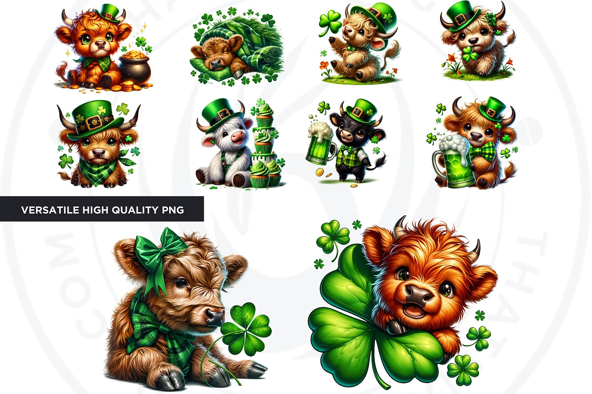 St Patricks day Highland Cow Clipart, an Animal Illustration by ThatsDesignArt (Photo 5 of 10)