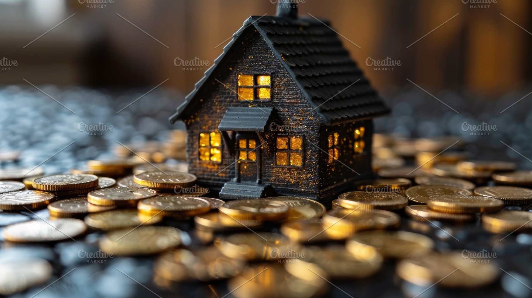 Illuminated Miniature House on a Sea of Coins: Investment and Real Estate Conce, a Photo by AS photostudio