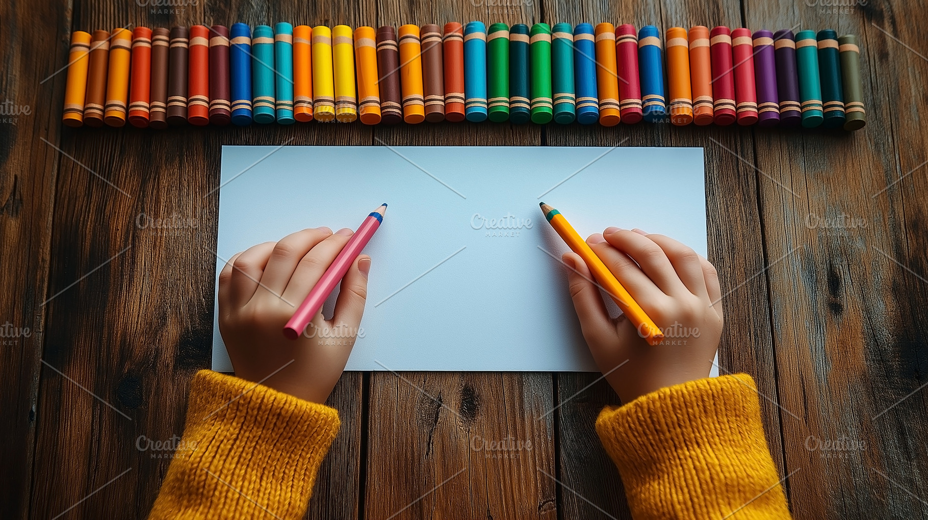 A child's hands ready to create art with vibrant crayons on a blank sheet of pa, a Person Photo by ImageMir