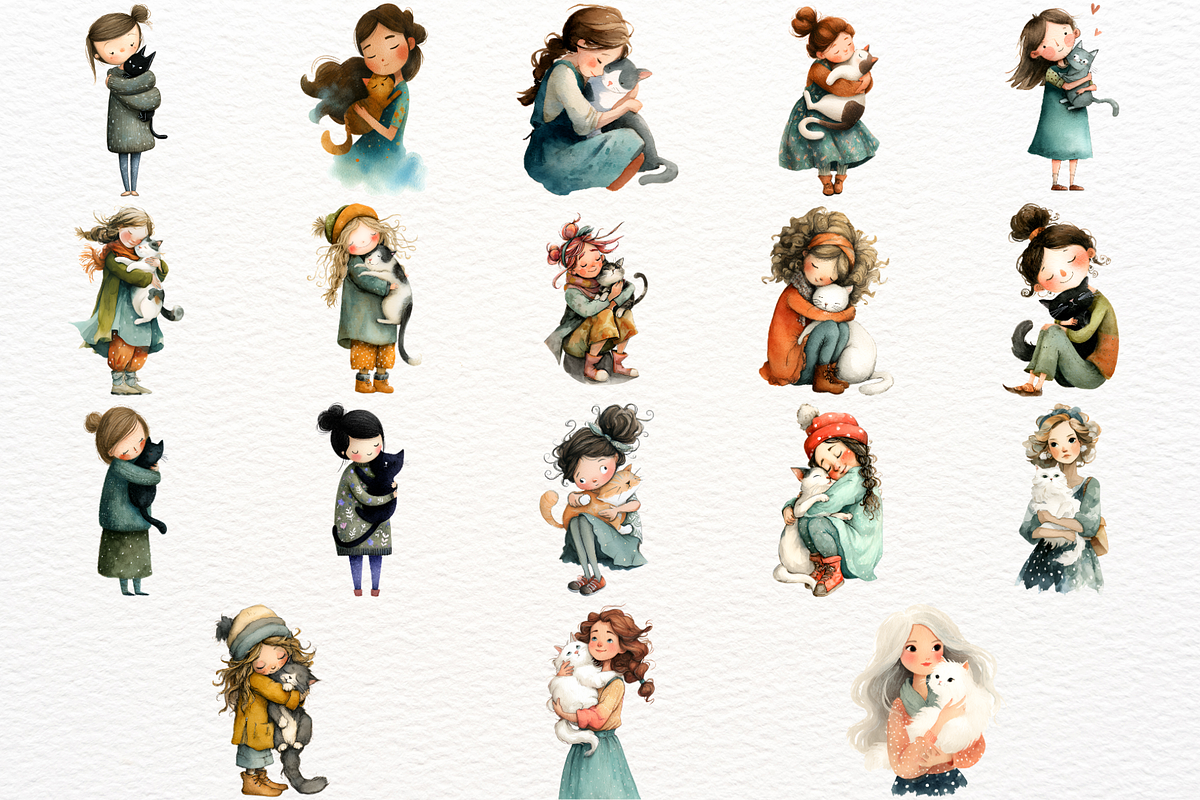 Girl with Cat Watercolor Clipart PNG, an Animal Illustration by SugarCloudStudioArt (Photo 5 of 5)