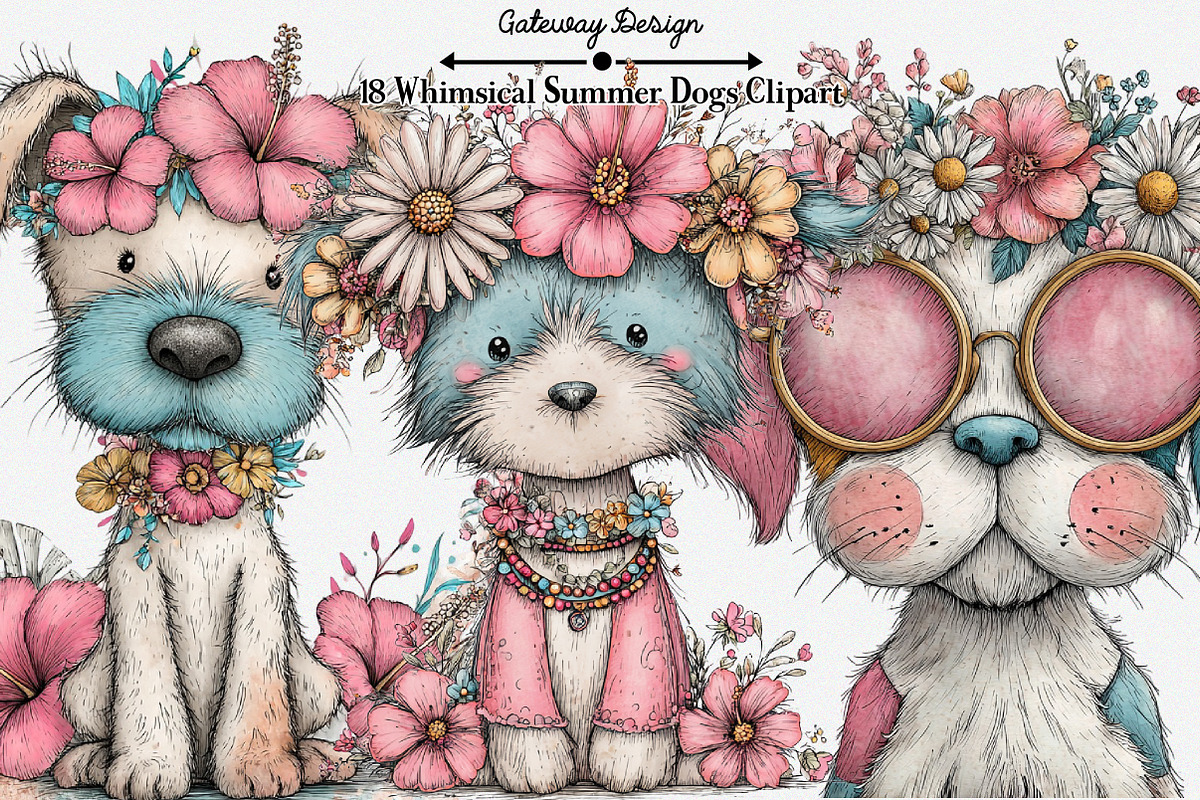 Whimsical Summer Dogs Clipart, an Illustration by GatewayDesign (Photo 1 of 6)