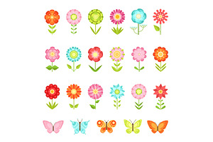 Funny Butterfly On Flowers In Garden. Illustrations Of Natural Flower In Flat Style Isolate On White Background