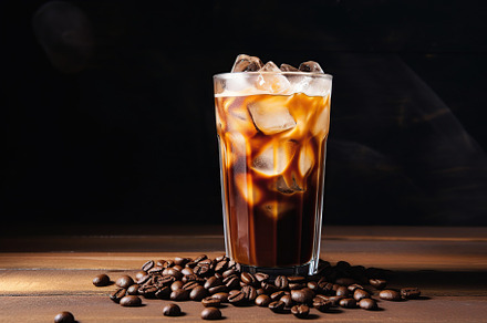 Iced coffee in glasses on wooden background, a Food & Drink Photo by AlyaAnd