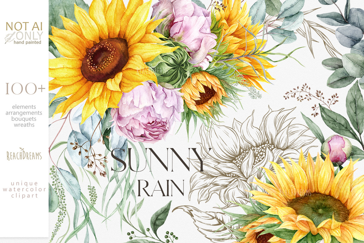 Watercolor Sunflowers and Peonies, a Decorative Illustration by ReachDreams (Photo 1 of 10)
