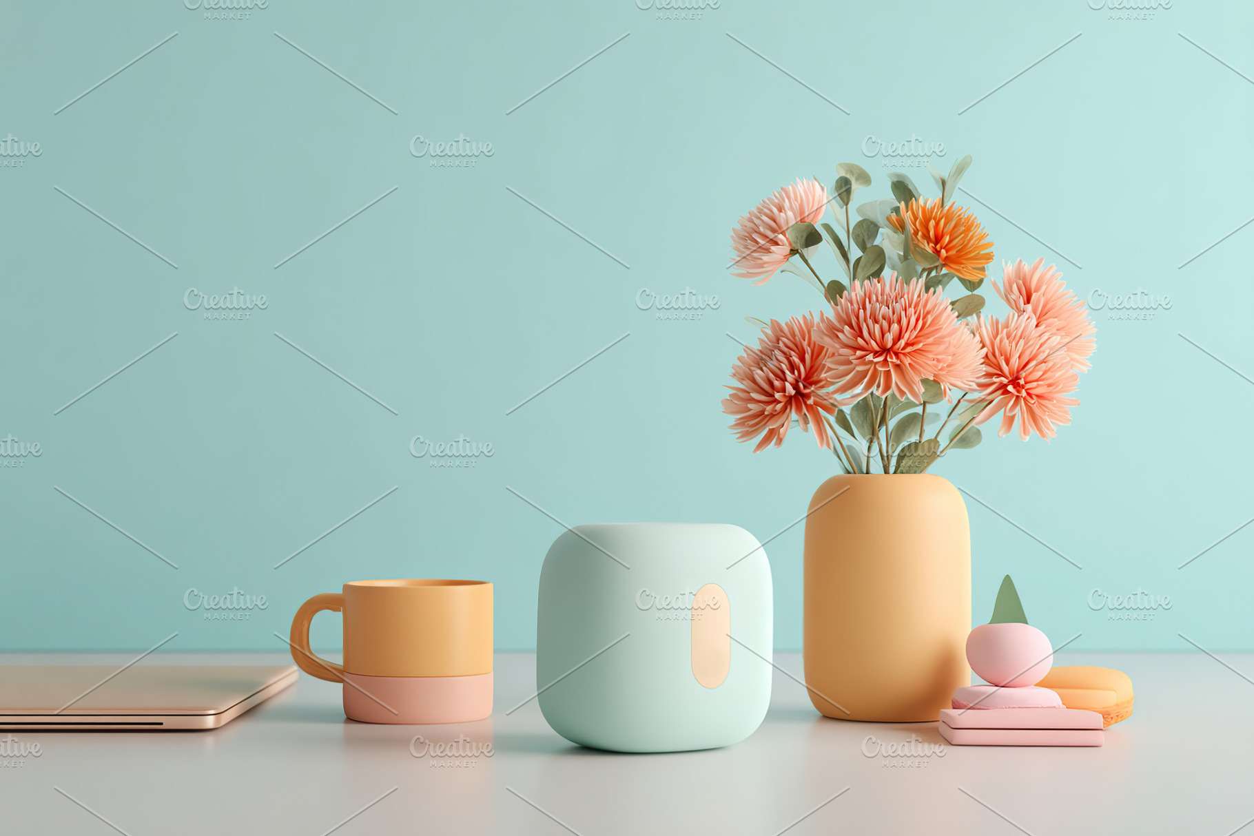 Beautiful pastel decor arrangement featuring flowers, vase, and a cup on a ligh, a Beauty & Fashion Photo by AlyaAnd