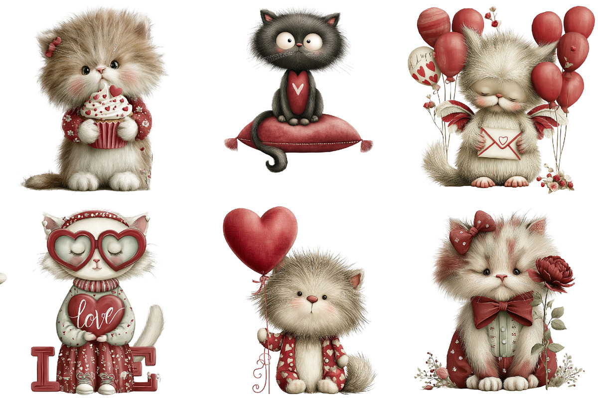 Whimsical Valentine Cats Clipart, an Illustration by DreamArtGraphic (Photo 2 of 4)