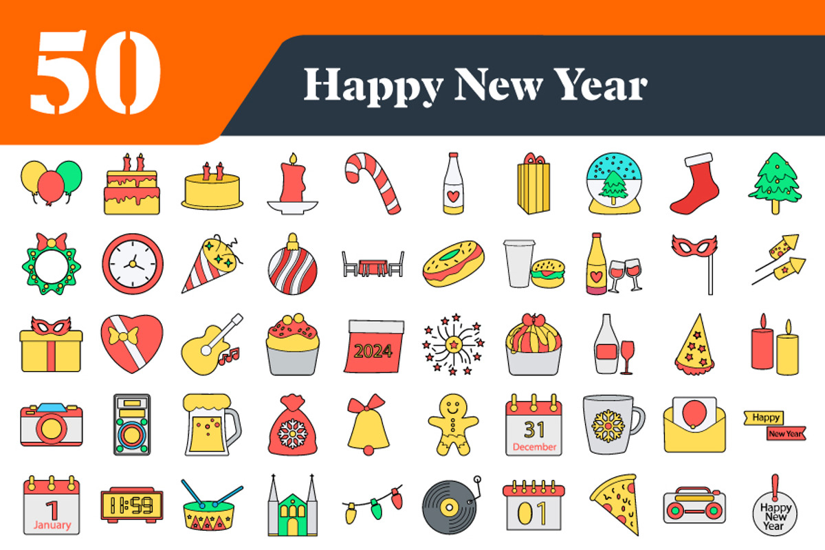 Happy New Year Flat Icons Bundle, an Outline Icon by EllaMaiyaali (Photo 2 of 3)