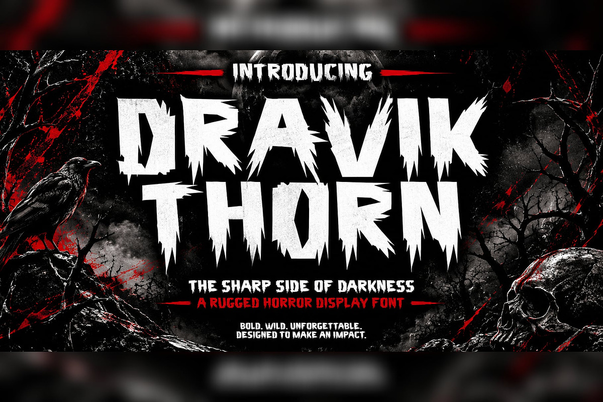 Dravik Thorn Horror Display Font, a Sans Serif Font by mesuka (Photo 1 of 5)