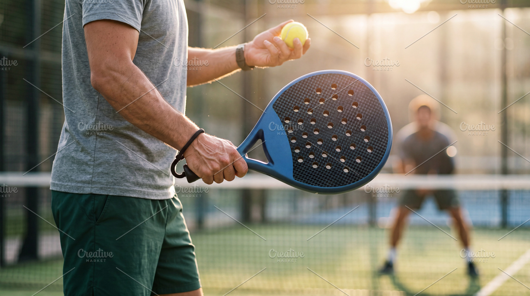 Close up of male padel player preparing to serve ball on court., a Sports & Recreation Photo by Volff