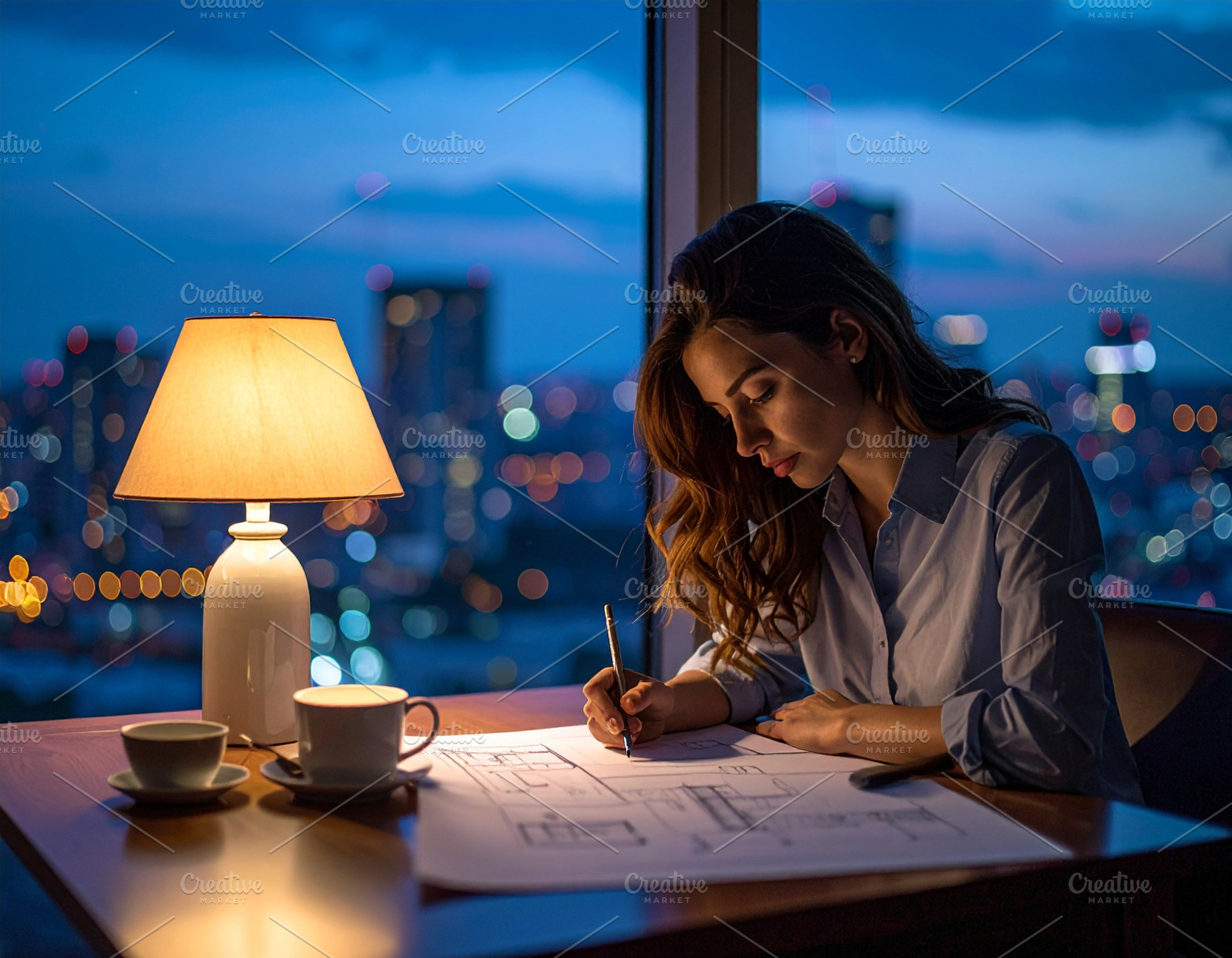 Architect sketching blueprint at nighttime, a Business Photo by DanFLCreativo