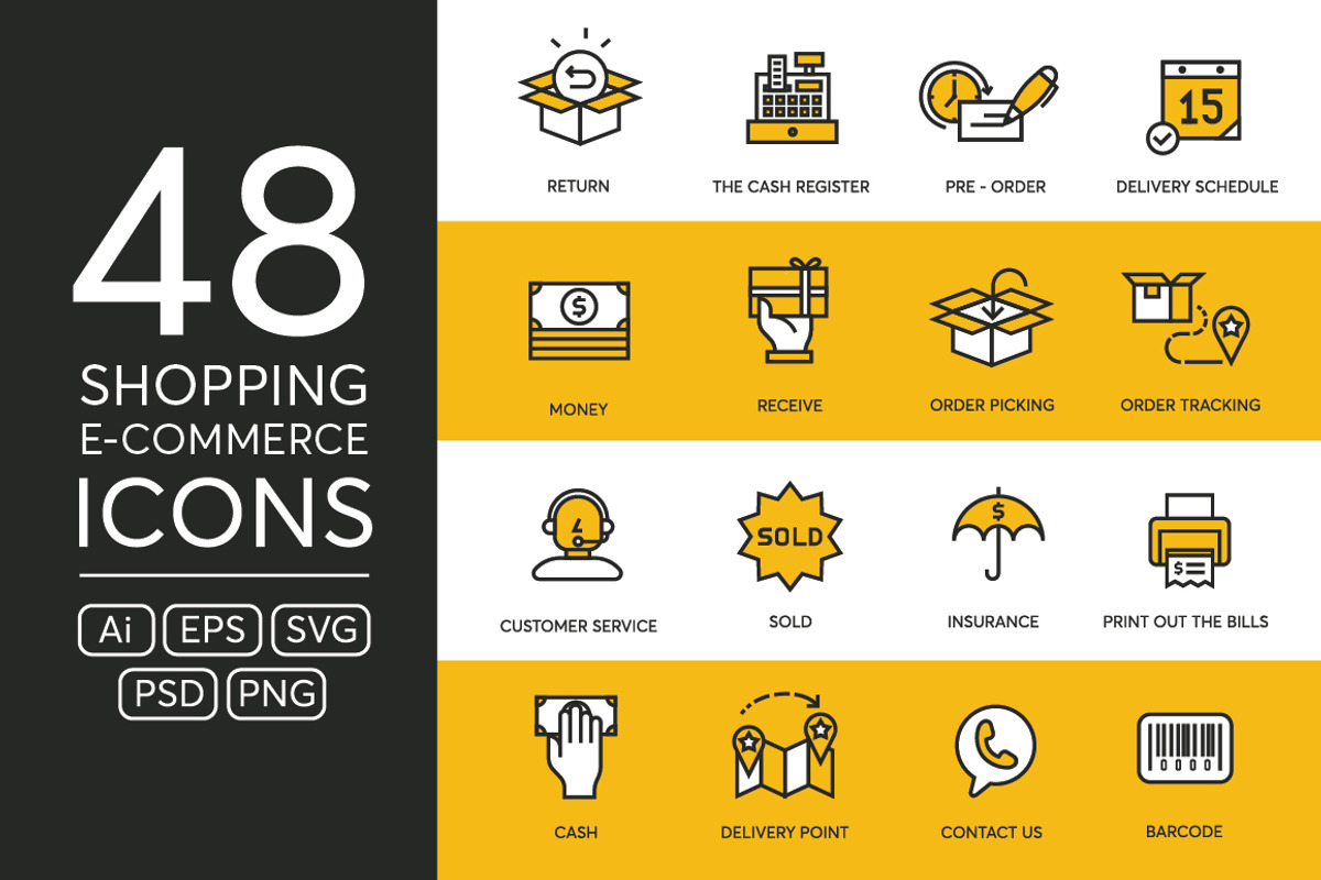 48 Shopping & E-Commerce Icons, an Outline Icon by kucingklawu (Photo 1 of 7)