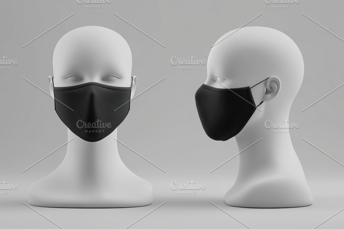 Two white mannequin heads wearing black face masks mockup, one facing forward a, a Mask Mockup by Textures & Backgrounds