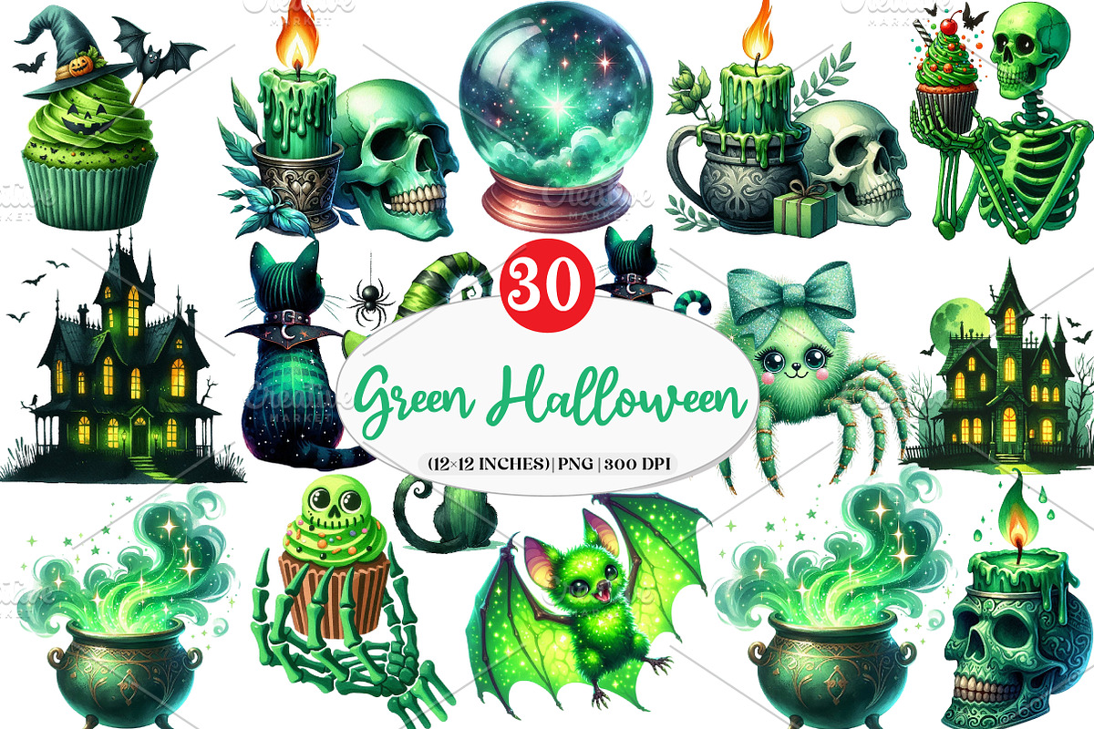 Green Halloween Clipart, an Illustration by Watercolor design (Photo 1 of 4)